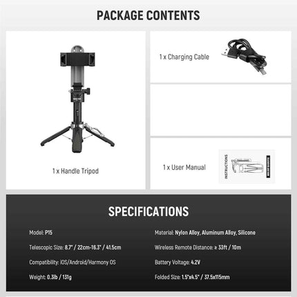 Selfie Stick Telescopic Mini Tripod Portable Phone Stand Rechargeable BT Remote