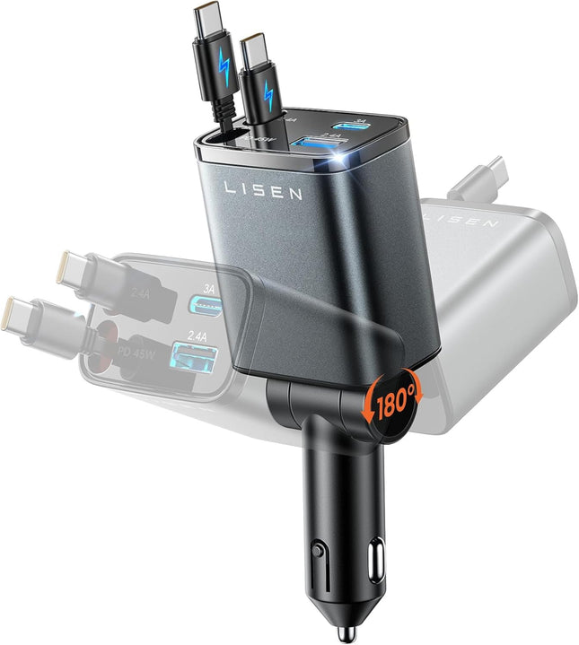 LISEN Retractable USB C 84W Car Charger for iPhone Samsung iPad Fast Charge