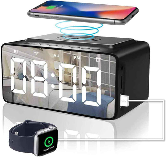 Bluetooth Alarm Clock Radio with Wireless Charger and USB Charger