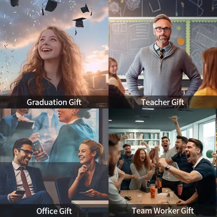 Collage of people in various settings with labels for graduation, teacher, office, and team worker gifts.