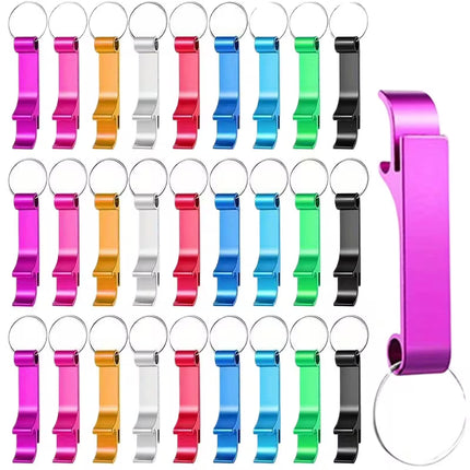 A set of aluminum bottle opener keychains shown in multiple colors, including pink, orange, silver, red, blue, green, and black, arranged in a grid with one larger close-up of the purple/magenta opener on the right.