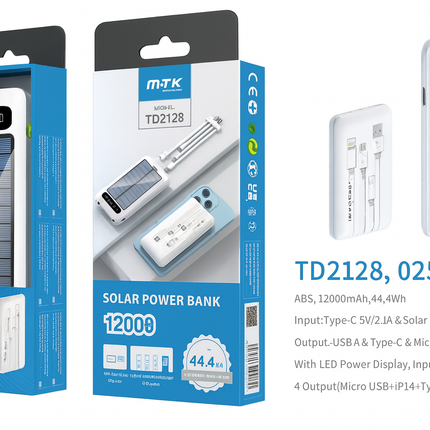 12000mAh Power Bank with Solar Panel Micro USB, iPhone, Type-C, and USB With LED