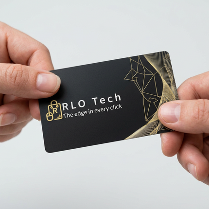 A black rectangular card with white text reading 'RLO Tech' and 'The edge in every click,' plus a white geometric line design on the right, placed on a textured brown surface.