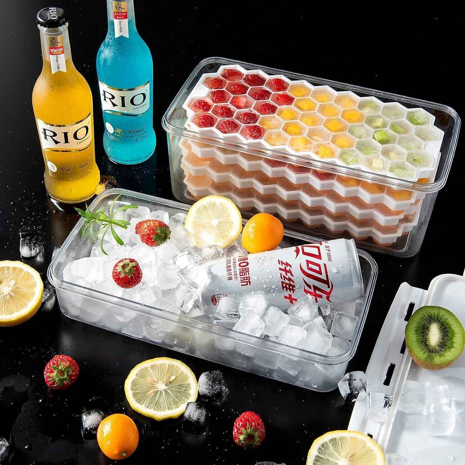 Premium Ice Cube Trays With Air Tight Container and Lid 4 Pack Makes 188 Cubes