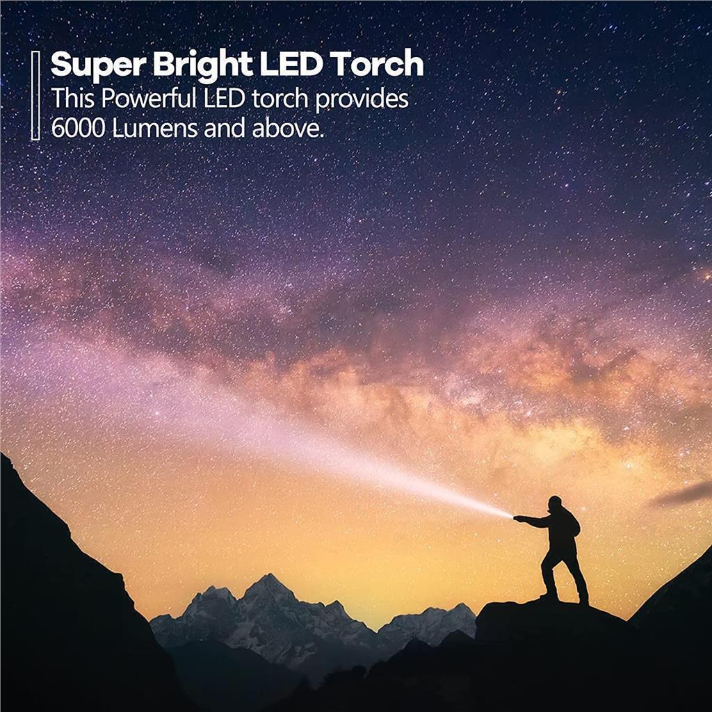 Rechargeable LED Torch, 6000 Lumens Super Bright Flash light with Handle
