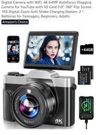 4K 64MP Digital Camera WiFi Autofocus Vlogging Camera Flip Screen 64GB Aureapix