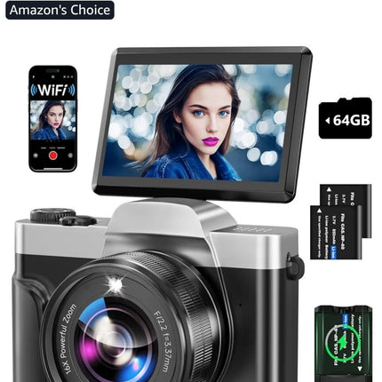 4K 64MP Digital Camera WiFi Autofocus Vlogging Camera Flip Screen 64GB