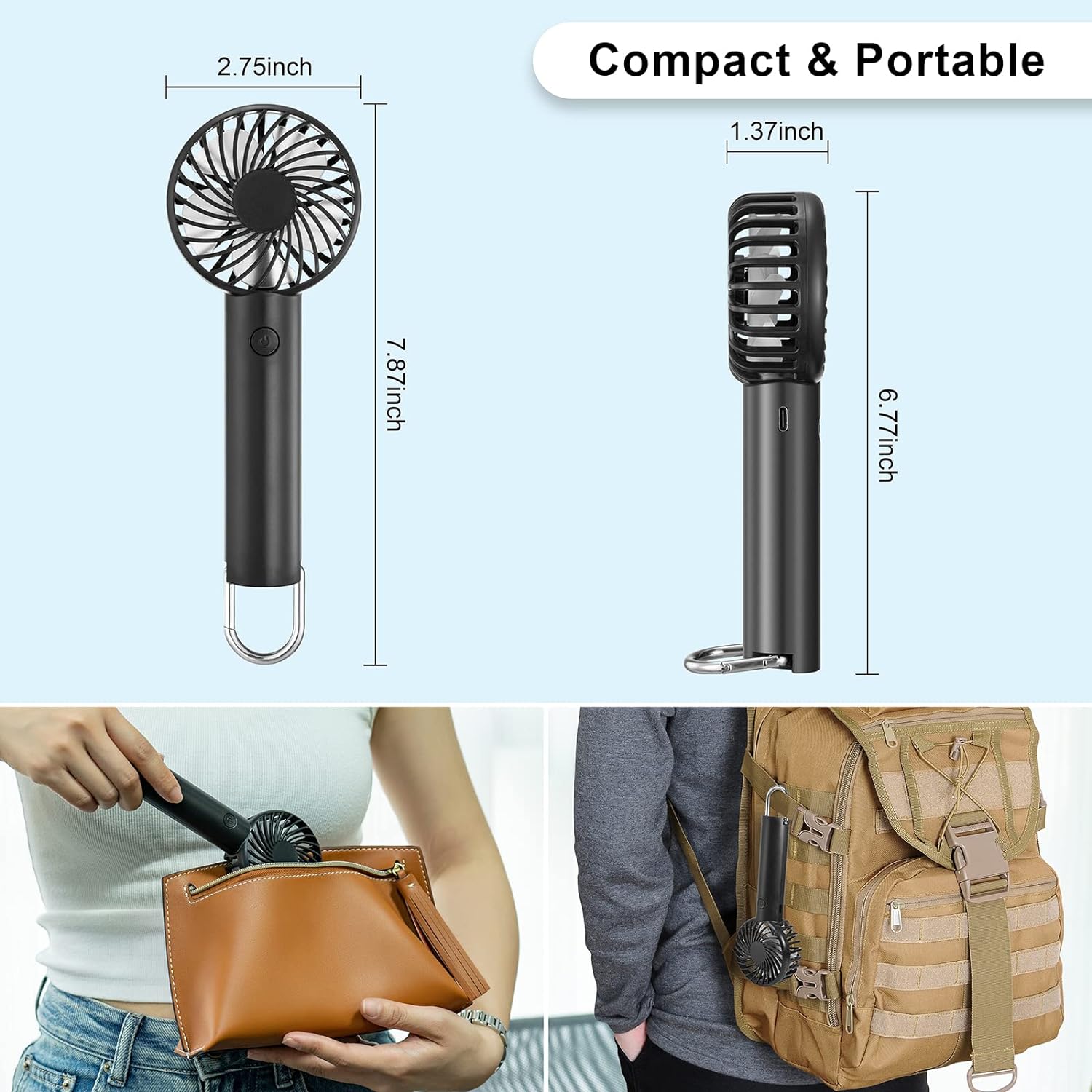 Handheld Fan Portable & Rechargeable 2200 mAh Battery Mini Fan 3 Speeds - White