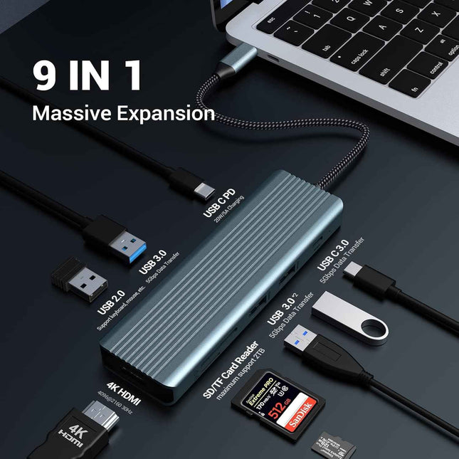 9 in 1 USB C Docking Station with HDMI 4K USB 3.0 USB 2.0 USB C 100W PD SD/TF