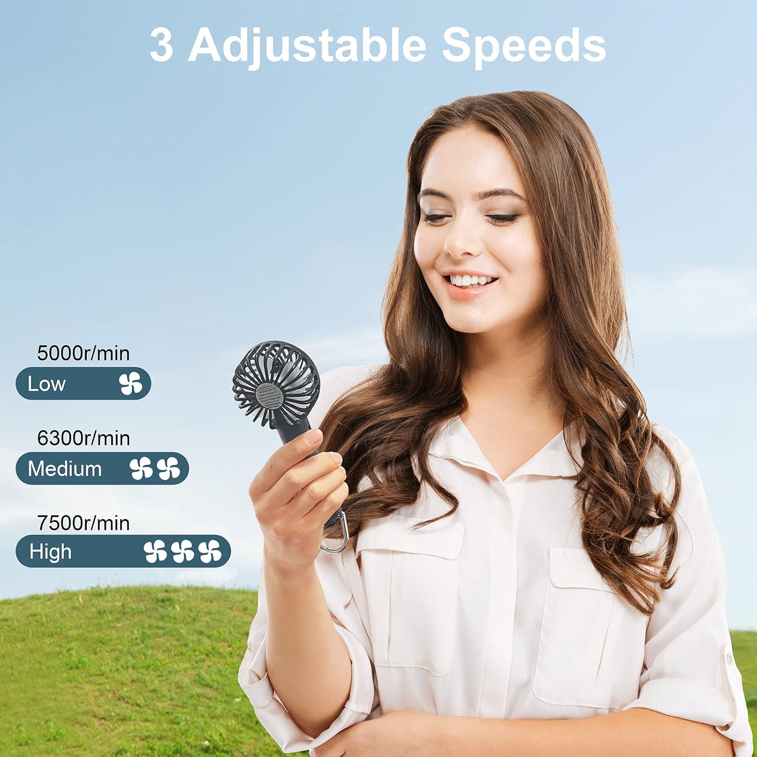 Handheld Fan Portable & Rechargeable 2200 mAh Battery Mini Fan 3 Speeds - White