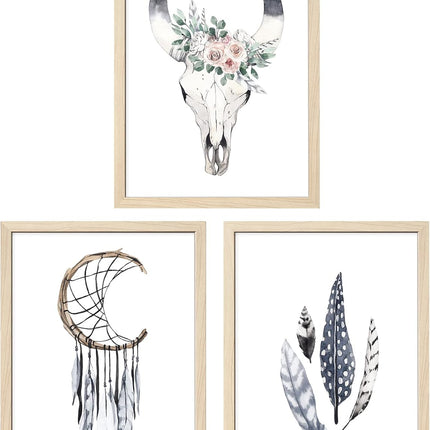 ArtbyHannah 12x16 Inch Framed Boho Wall Art, Set of 3 with Bohemian Art Prints for Home Decoration