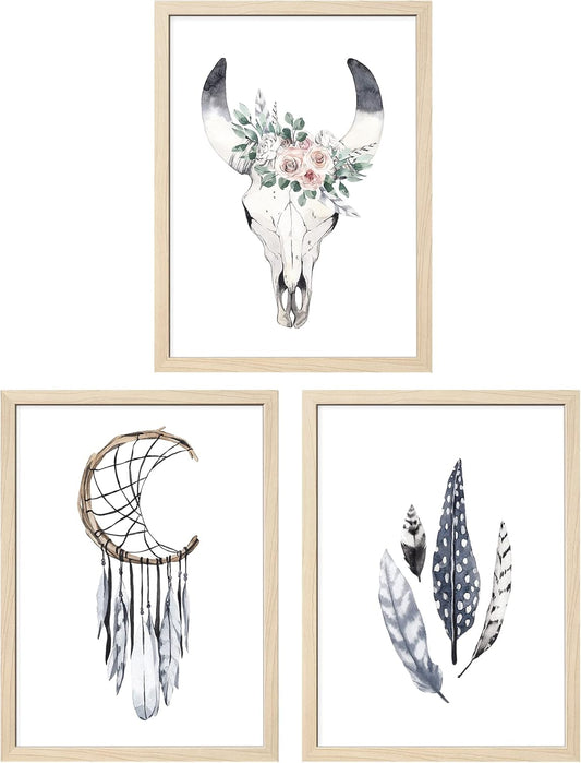 ArtbyHannah 12x16 Inch Framed Boho Wall Art, Set of 3 with Bohemian Art Prints for Home Decoration