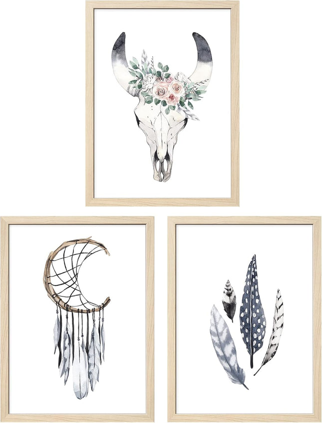 ArtbyHannah 12x16 Inch Framed Boho Wall Art, Set of 3 with Bohemian Art Prints for Home Decoration