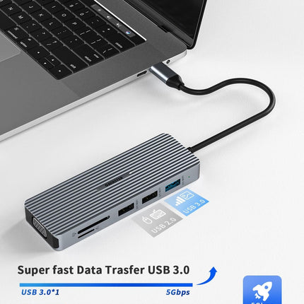 USB-C Docking Station 9-in-1 Hub Triple Display HDMI/VGA USB for Mac & Windows