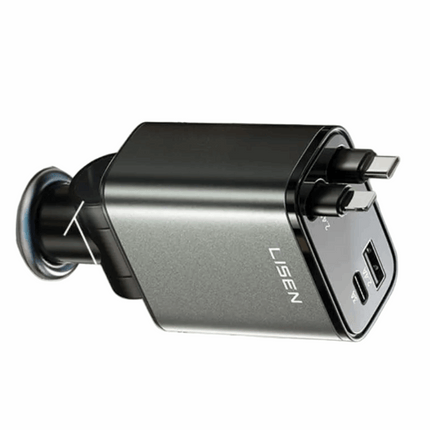 A LISEN dual USB-C car charger with a metallic dark gray body, featuring a built-in Lightning connector and two USB-C ports on the top, set against a plain white background.
