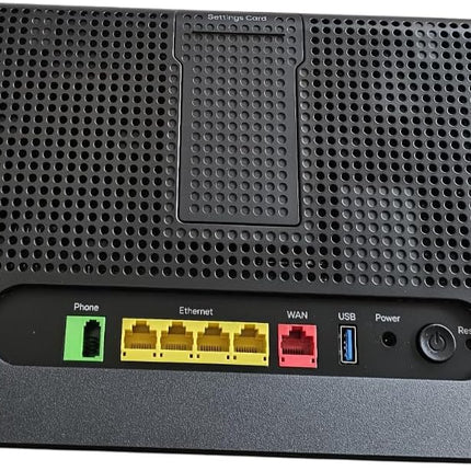 Black netgear wireless gaming router shown from the back, featuring a perforated metal grille, four Ethernet ports, a WAN port, USB port, and power button.