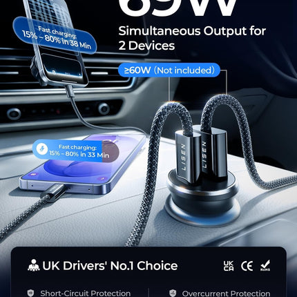 LISEN 54W USB C Fast Car Charger Metal Cigarette Lighter Adapter iPhone Samsung