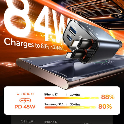 LISEN Retractable USB C 84W Car Charger for iPhone Samsung iPad Fast Charge