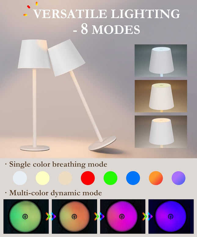 Cordless LED Table Lamp Rechargeable RGB Light Touch Dimmable IP54 White 2 Pack