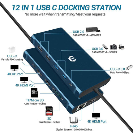 12 in 1 Docking Station Triple Display 4K DP/2*HDMI USB A/C 3 Ethernet PD 100W
