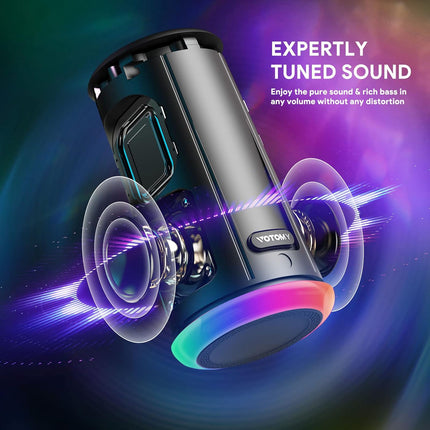 VOTOMY Bluetooth Speaker 24H Playtime 360° Bass RGB Lights IPX7 Waterproof Black