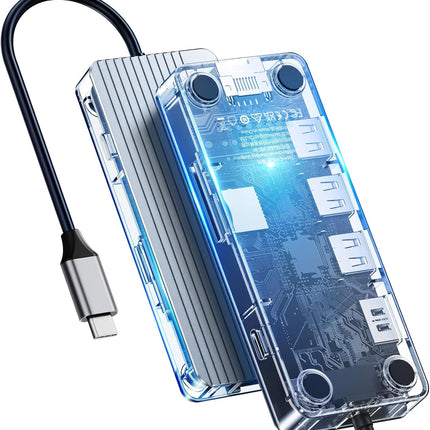 USB C Docking Station 8 in 1 Type C Transparent Dock 3 USB 4K HDMI RJ45 TF & SD