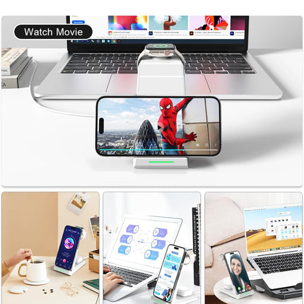 15W Fast Wireless Charger Dock 3-in-1 for iPhone Watch and AirPods in White