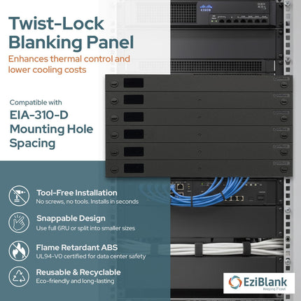 19″ Server Rack 6 X 1U Blanking Panels Snappable Tool-Free Mounting Black/Grey