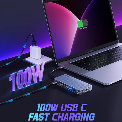 USB C Docking Station 8 in 1 Type C Transparent Dock 3 USB 4K HDMI RJ45 TF & SD