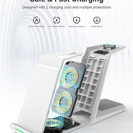 15W Fast Wireless Charger Dock 3-in-1 for iPhone Watch and AirPods in White