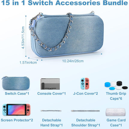 Nintendo Switch Case 13 in 1 Switch Accessories Denim Case with 9 Card Slots