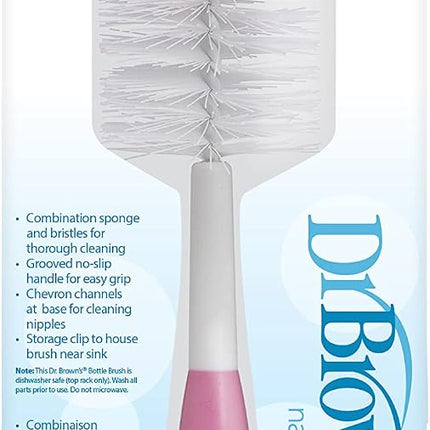 Bottle brush with pink bristle head and white handle on a blue background