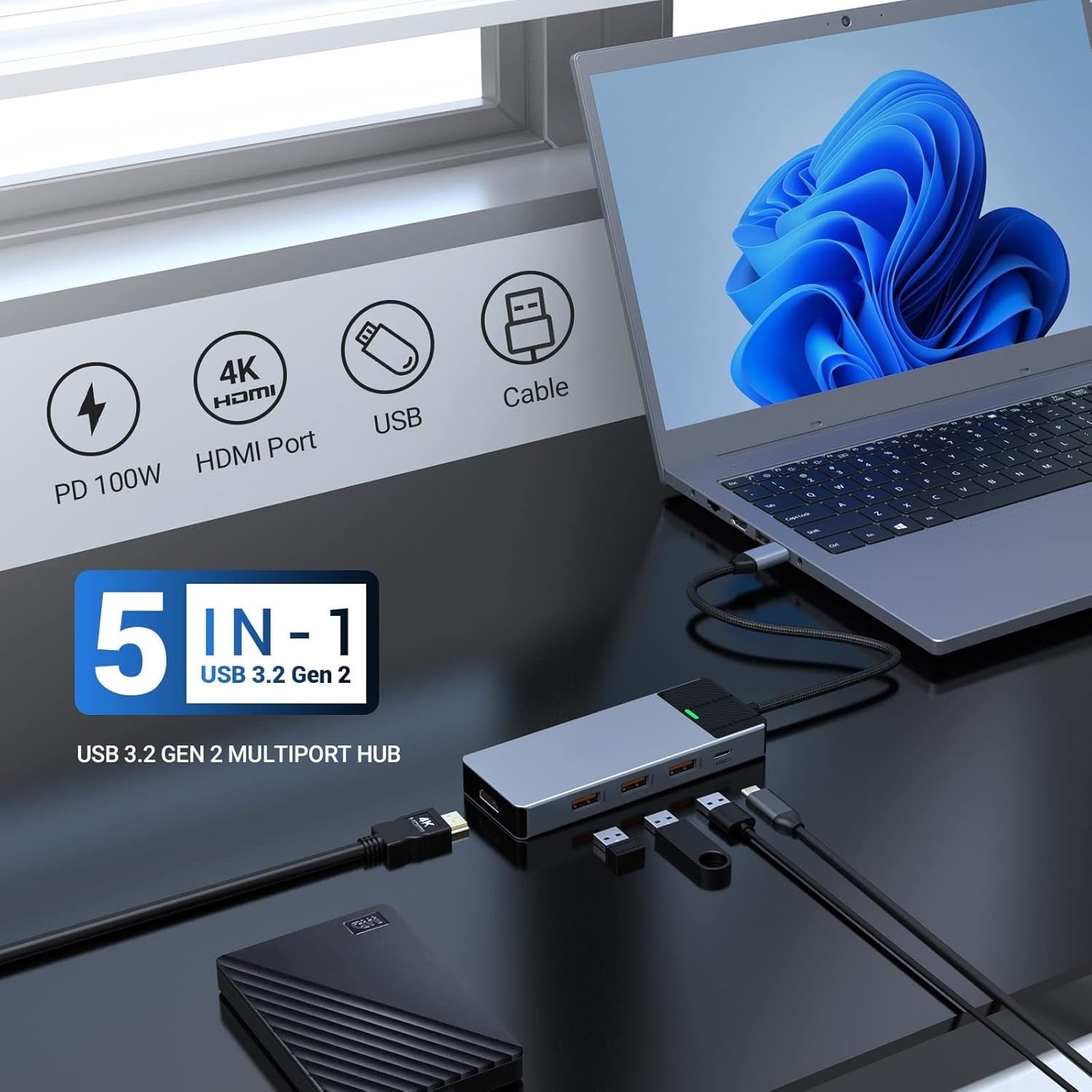 5 in 1 Docking Station USB C Adapter for MacBook Air/Pro Dual Display HDMI