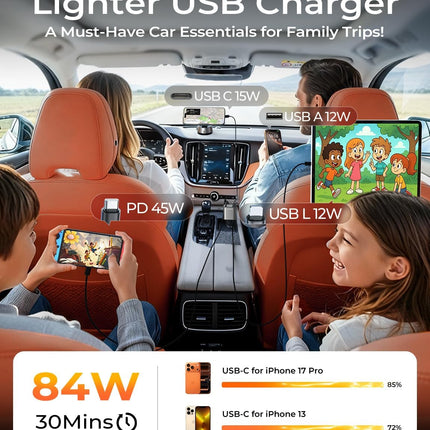 LISEN Retractable USB C 84W Car Charger for iPhone Samsung iPad Fast Charge
