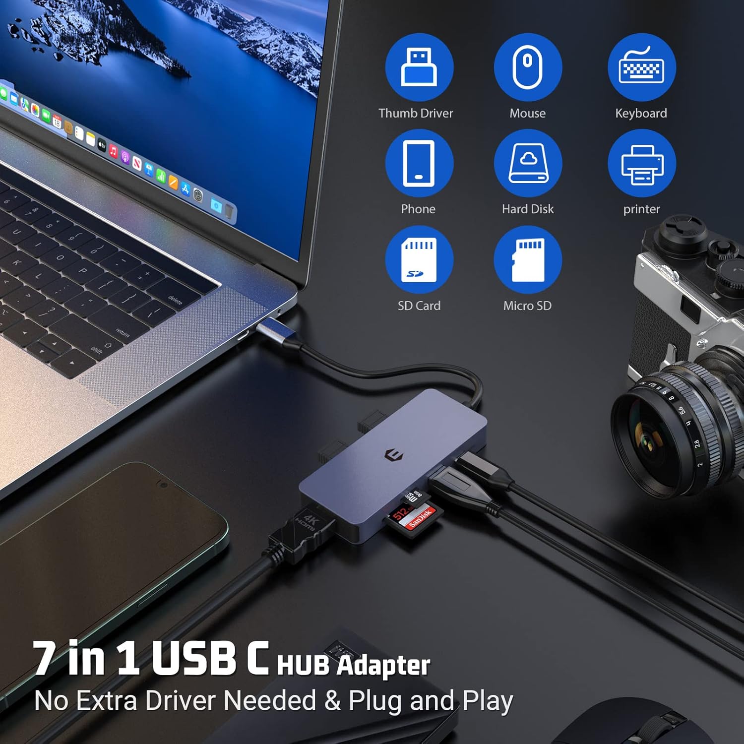 7-in-1 USB-C Hub Adapter: 4K HDMI, 100W PD, USB 3.0 Ports, SD/TF Card Reader