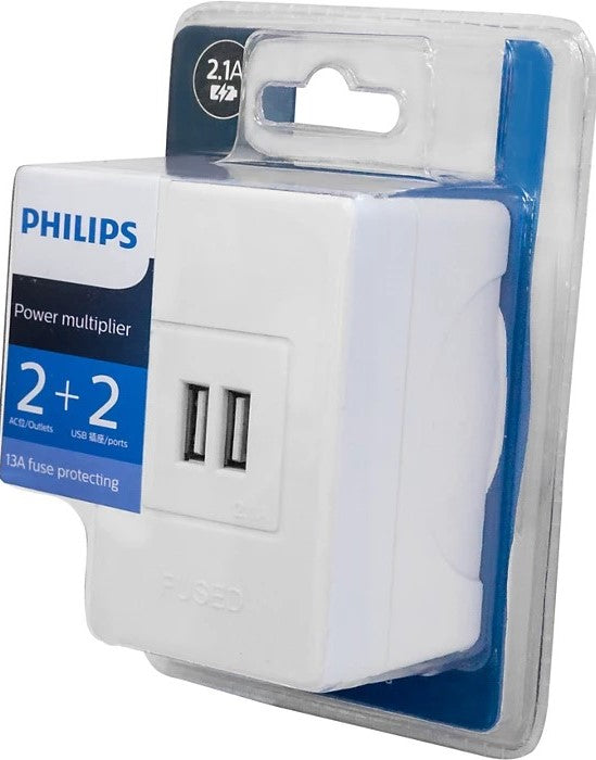 Philips Double Plug and USB UK Socket 2 x UK Plug Sockets and 2 x USB-A Ports