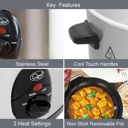 Quest 1.5 Litre Compact Slow Cooker Stainless Steel 120W 3 Temperature Settings