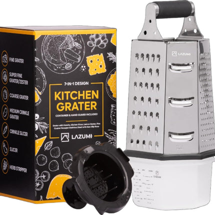 7 In 1 Stainless Steel Cheese Grater with Container Finger Guard. Herb Stripper