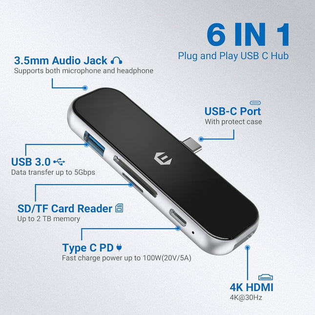 6 in 1 USB C Multiport Adapter USB C for Surface Dell HP Lenovo XPS and More