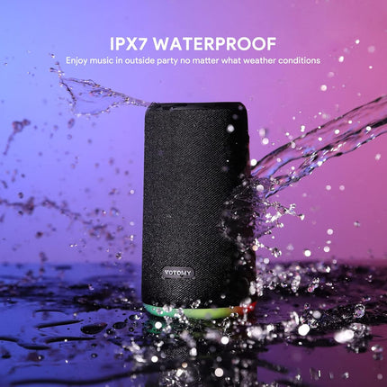 VOTOMY Bluetooth Speaker 24H Playtime 360° Bass RGB Lights IPX7 Waterproof Black