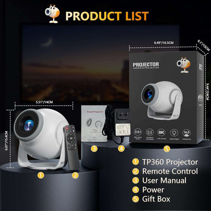 8K Android 14.0 Mini Smart Projector with Wi-Fi 6 and Bluetooth 5.4 450 ANSI