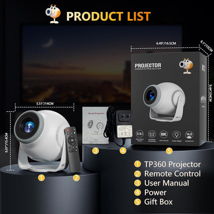 8K Android 14.0 Mini Smart Projector with Wi-Fi 6 and Bluetooth 5.4 450 ANSI