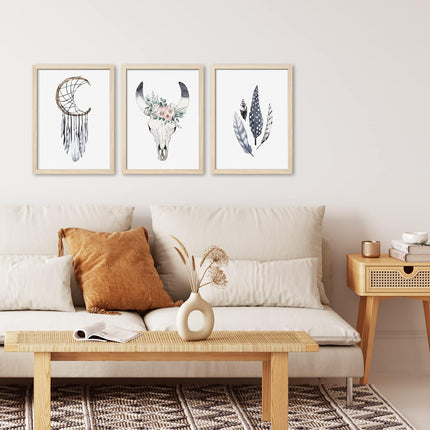 ArtbyHannah 12x16 Inch Framed Boho Wall Art, Set of 3 with Bohemian Art Prints for Home Decoration