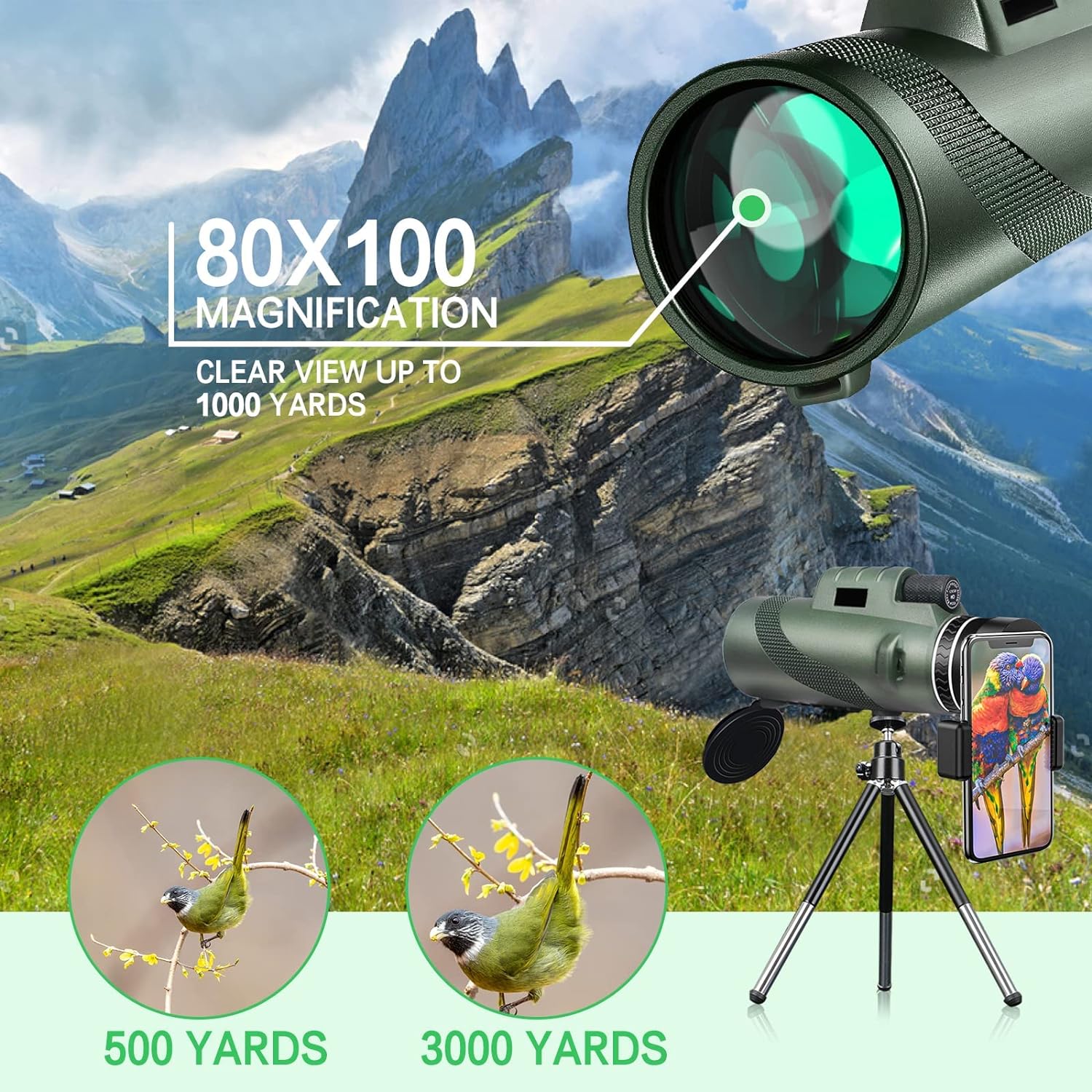 80x100 Monocular-Telescope Low Night Vision High Definition & Smartphone Adapter