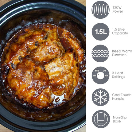 Quest 1.5 Litre Compact Slow Cooker Stainless Steel 120W 3 Temperature Settings