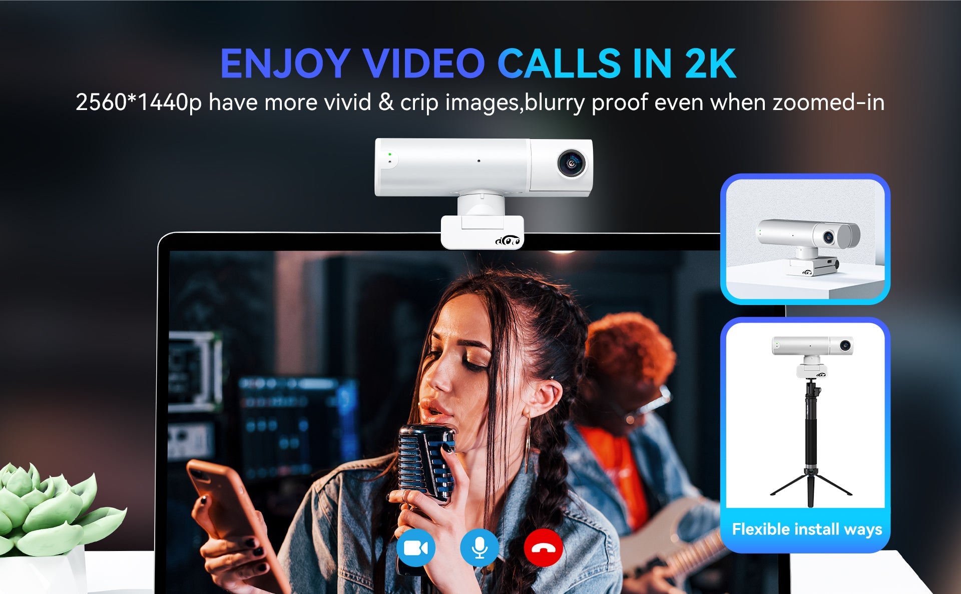 2K Webcam AI Tracking Auto Framing Gesture Control Noise-Canceling Microphones