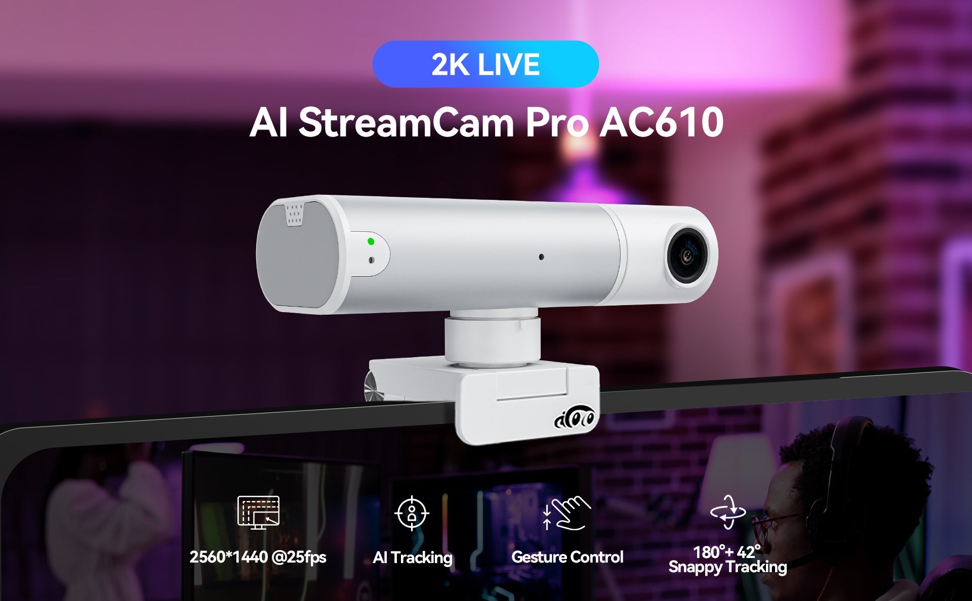 2K Webcam AI Tracking Auto Framing Gesture Control Noise-Canceling Microphones