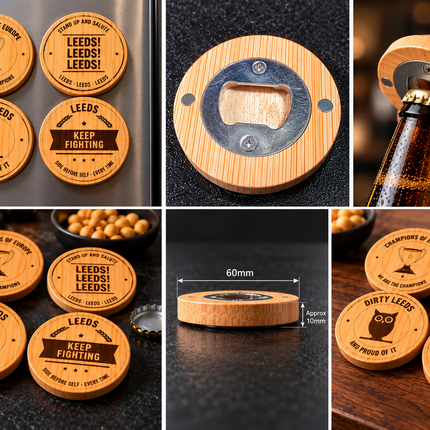Leeds Football Bamboo Bottle Opener 60mm Magnetic Engraved Gift Man Cave Bar
