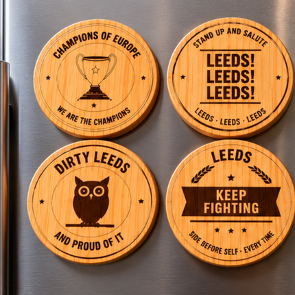 A six-panel collage showing a round wooden bottle opener and matching engraved coasters. The coasters are printed with humorous beer-themed quotes such as 'LEEDS! LEEDS! LEEDS!' and an owl logo.