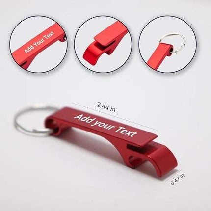 Red bottle opener keychain with text customization option on a white background